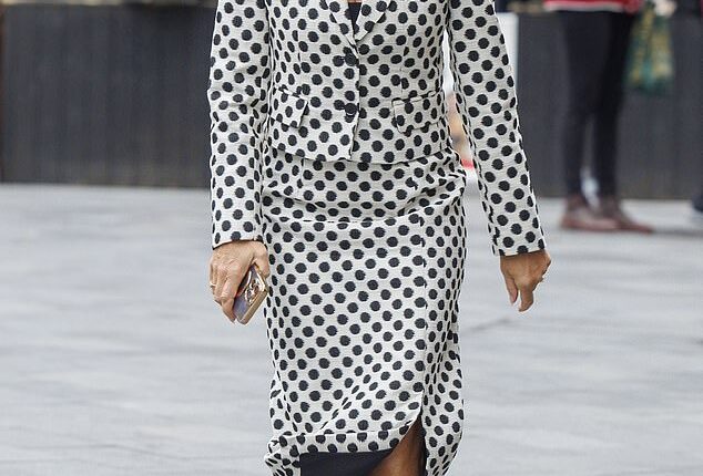 Amanda Holden sported polka dots as she left Heart FM radio studios in London on Thursday