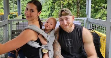 Jacob Flickinger, 33, was one of seven charity workers killed by an IDF strike in Gaza. He is seen with his wife Sandy and his one-year-old son
