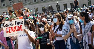 Protesters rally at Columbia University on April 29. Poll finds vast majority of registered voters support Israel over Hamas in the conflict but it split largely by age