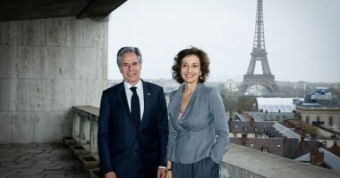 He'll always have Paris.  Secretary of State Antony Blinken (L) suffered mechanical difficulties on his government aircraft, forcing a scrubbed flight from Paris to Brussels. Here Blinken UNESCO Director-General Audrey Azoulay (R) pose for a photograph at the UNESCO headquarters in Paris, France, 02 April 2024