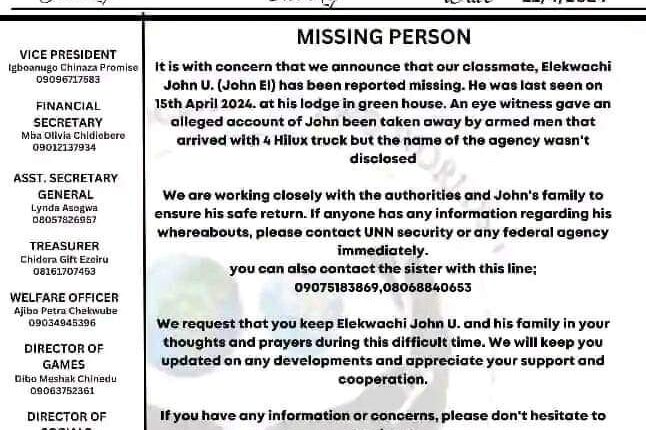 Armed men abduct final year UNN student