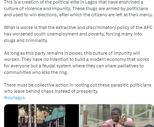 As long as this party remains in power, this culture of impunity will worsen - GRV reacts to news of touts seizing people?s phones and demanding for ransom in Lagos