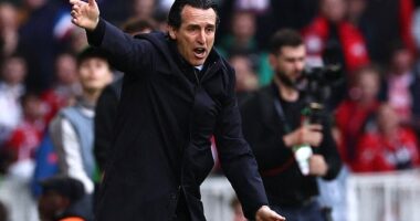 Unai Emery reacted furiously to a refereeing decision and was booked in the first half on Thursday