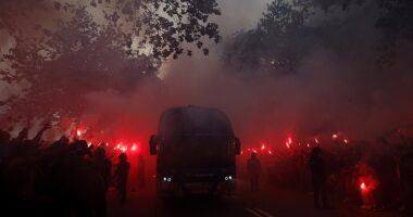 Barcelona fans turned up early to greet their players ahead of tonight's match against PSG