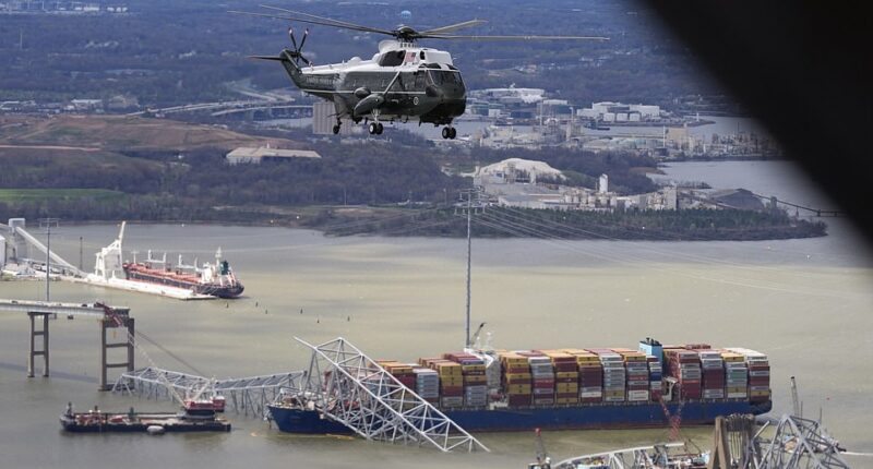President Joe Biden is touring the site of the collapsed bridge in Baltimore on Friday amid a political upheaval on how to pay for its recovery, which is expected to cost up to $2 billion. Conservatives on Capitol Hill are already objecting to the price tag. The House Freedom Caucus wants any of the money to be 'fully offset' by cuts elsewhere in the federal budget and they demand that the Biden administration lift its pause on approvals for natural gas export projects before they'll approve any bridge money. Biden will take an aerial tour of Patapsco River, at the mouth of the Baltimore Harbor, via Marine One, where he'll see the remains of the Francis Scott Key Bridge as cranes, ships and diving crews work to reopen one of the massive shipping lane.