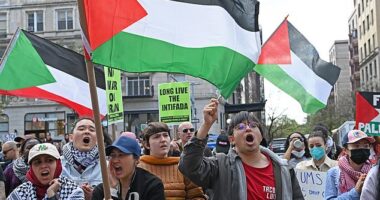 Columbia University students wave Palestinian flags as protests engulf the campus
