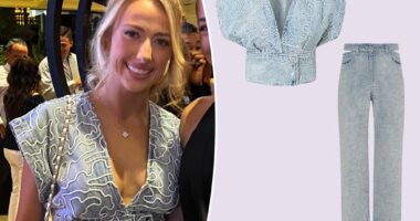 Brittany Mahomes sports designer double denim look for charity gala weekend