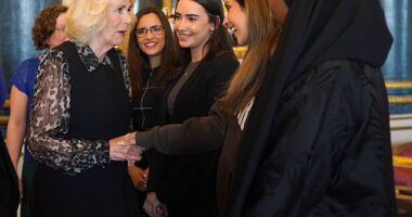 Queen Camilla, Patron of SafeLives, meets with young pioneer 'Changemakers', from the SafeLives charity, at Buckingham Palace