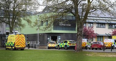Children at Ysgol Dyffryn Aman (pictured) have been told to stay at home after a 14-year-old girl 'went mad' with a knife in the playground. Pictured: Police outside the school yesterday