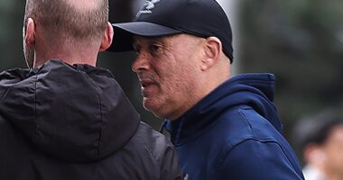 Curtis Warren (right), 60, from Boldon Colliery, Tyne and Wear, who denies 18 counts of failing to comply with a Serious Crime Prevention Order (SCPO), pictured outside Liverpool Crown Court on 23 April 2024