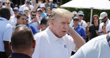 Donald Trump walks towards the practice green at Trump National Doral on Sunday afternoon