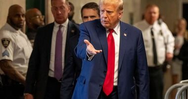 Former U.S. President Donald Trump speaks to members of the media at Manhattan Criminal Court in New York, U.S., on Thursday, April 25, 2024. Trump faces 34 felony counts of falsifying business records as part of an alleged scheme to silence claims of extramarital sexual encounters during his 2016 presidential campaign. Mark Peterson/Pool via REUTERS
