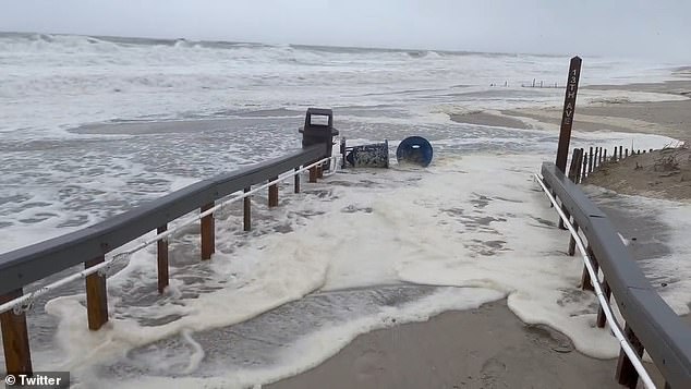 America's East Coast is predicted to experience rising sea levels in the coming decades, but a new discovery could accelerate the timeline. Pictured is Seaside Park, New Jersey as Storm Ophelia hit in 2023