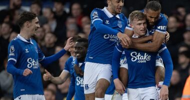 Everton fans taunted Liverpool supporters suffering a miserable evening at Goodison Park