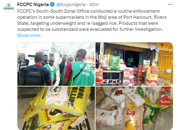 FCCPC raids supermarkets in Port Harcourt, seize underweight and re-bagged rice