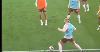 Footage of Erling Haaland in a warm-up drill shows the striker not his most comfortable