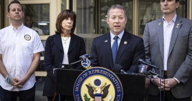 Reps. Josh Gottheimer, Jared Moskowitz, Kathy Manning and Dan Goldman speak at a press conference regarding recent anti-semitism directed towards jewish students studying at Columbia University last week
