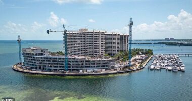 A view of the construction of a new seven-story condo building on the northern edge of Grove Isle in Coconut Grove
