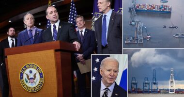 The conservative House Freedom Caucus is demanding that the reconstruction of Baltimore's Francis Scott Key Bridge must not become a 'pork-filled' spending palooza the same day Biden is set to visit the disaster site. The president is expected to arrive at the collapsed bridge Friday, over a week after a shipping container collided with and destroyed the structure, which ultimately claimed six lives.