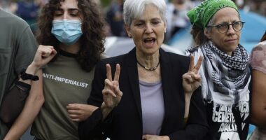 Jill Stein (center) and her campaign staff were arrested at anti-Israel protest on Washington University's campus in St. Louis, Missouri on Saturday