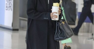Rita Ora ensured that no one would spot her as she headed out of Sydney Airport on Sunday. Pictured