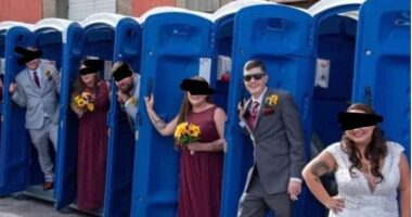 Most people choose to be in nature for their wedding photoshoot, but one unconventional bride and groom opted to take their photos alongside portable lavatories