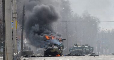 Russia is no longer the threat it once was following its war in Ukraine, a former RAF commander has said. Pictured: The corpse of a Russian soldier is seeing lying on the streets of Kharkiv on February 27, 2022 - days after Putin's invasion began