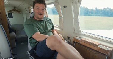 Pictured: Hunted contestant Jack seen on board a private plane out of Newmarket after learning the hunters were on his trail