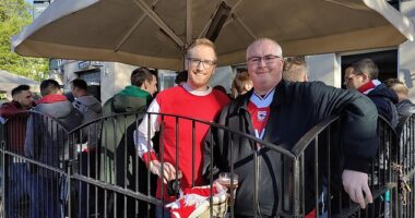 Despite the chilling warning which listed the stadiums alongside the order to 'kill them all' thousands of fans flocked to pubs outside the Emirates stadium soaking up the April sun. Pictured: Arsenal fans Chris and Mike