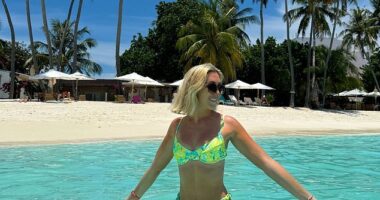 Natasha Whitley, from Bournemouth, Dorset, is pictured on Dhiffushi, a local island in the Maldives