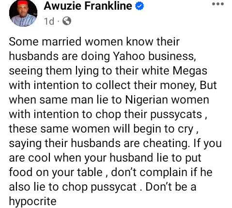 If you are fine with your husband duping people, you should be fine with him cheating on you - Nigerian man tells women married to fraudsters