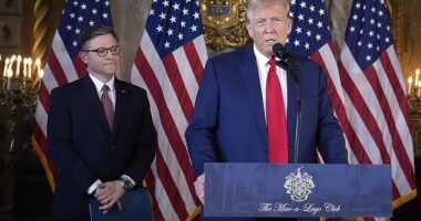 Donald Trump said he 'stands' with Mike Johnson and he's done a 'very good job' as the pair appeared at a joint news conference amid threats of another motion to oust the speaker