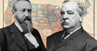 black and white photos of Grover Cleveland and Benjamin Harrison