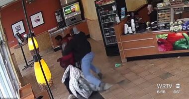 Gabriel Pitzulo, 23, intervened and tackled a brazen attacker who had battered and spat at an employee at an Indiana Subway restaurant