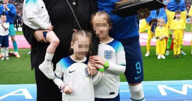 Harry Kane's three eldest children - Louis, Vivienne and Ivy - got away without injuries following a car crash in Germany on April 8. The football star's wife (seen) and their fourth child are not believed to have been involved