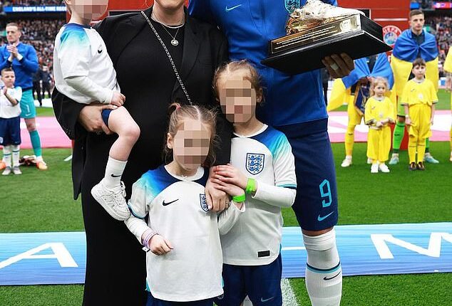 Harry Kane's three eldest children - Louis, Vivienne and Ivy - got away without injuries following a car crash in Germany on April 8. The football star's wife (seen) and their fourth child are not believed to have been involved