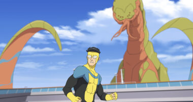 Mark Grayson (Steven Yeun) fights a dragon-like creature in Invincible season 2.