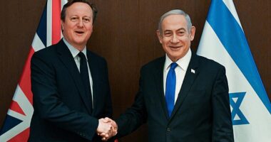 JERUSALEM - APRIL 17: (----EDITORIAL USE ONLY - MANDATORY CREDIT - 'ISRAELI GOVERNMENT PRESS OFFICE (GPO) / HANDOUT' - NO MARKETING NO ADVERTISING CAMPAIGNS - DISTRIBUTED AS A SERVICE TO CLIENTS, DO NOT OBSCURE LOGO----) Israeli Prime Minister Benjamin Netanyahu welcomes UK Foreign Secretary David Cameron during his official visit in West Jerusalem on April 17, 2024. (Photo by Israeli Government Press Office / Handout/Anadolu via Getty Images)