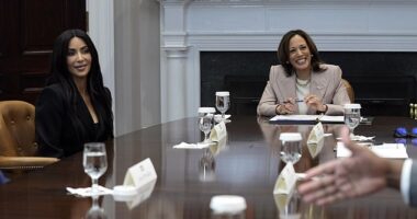 Reality TV star Kim Kardashian (left) returned to the White House for the first time since the Trump administration for a criminal justice panel Thursday let by Vice President Kamala Harris (right)