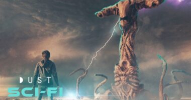 Lucas of Signal Dark looking at alien creature in stormy sky