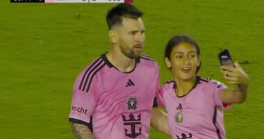 Lionel Messi looked perplexed as he was approached by a field invader on Saturday night