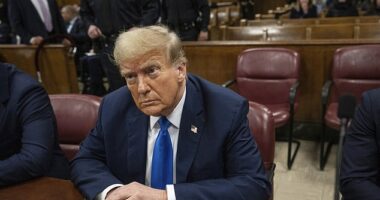 Former president Donald Trump sits in criminal court for his hush money trial on April 22, 2024. Trump is accused of falsifying internal business records as part of an alleged scheme to bury stories he thought might hurt his presidential campaign in 2016