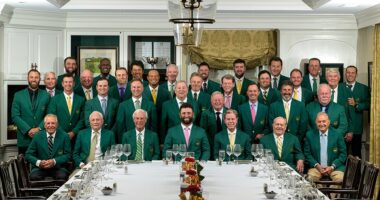 Jon Rahm (center) hosted Masters winners young and old for the Champions Dinner on Tuesday night at Augusta