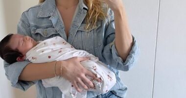 Model Simone Holtznagel, 30, (pictured) revealed on Sunday she was back in her jeans one week after welcoming her first child with boyfriend Jono Castano