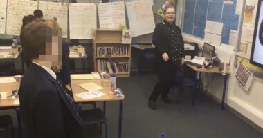 The primary school teacher is seen dancing without a care in the world in front of a class at Eastfield Academy in Northampton just a few months before killing her boyfriend