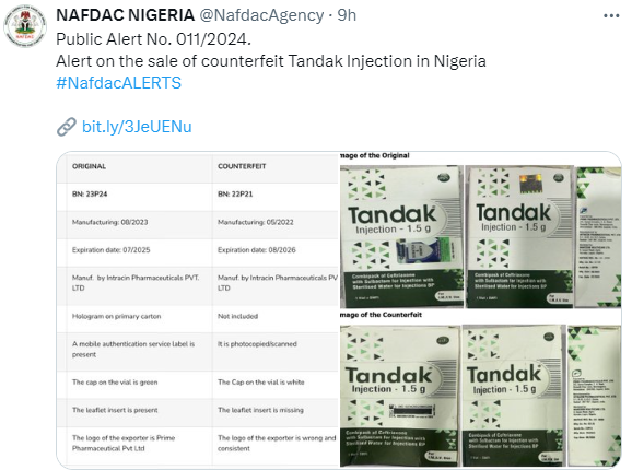 NAFDAC alerts Nigerians on the sale of counterfeit Tandak Injection in Nigeria