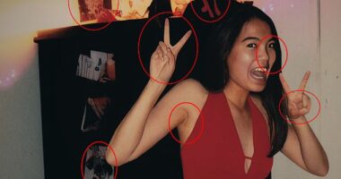 Other issues with the photo include her nose appearing to lack nostrils, her left cheek looking fake, her shoulder being out of place, bizarre folds around her armpit, and items in the background looking like they don't belong