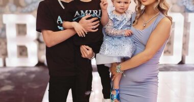 Phil Foden and his girlfriend Rebecca Cooke have announced they are expecting their third child together on Instagram on Monday - pictured with son Ronnie, five, and daughter True, 12-months