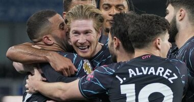 Man City midfielder Kevin De Bruyne celebrates after opening the scoring against Brighton