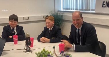Prince William revealed Princess Charlotte 's favourite joke this morning during a surprise school visit on a day of engagements in the West Midlands where he joined Freddie Hadley (centre) on the school's radio station